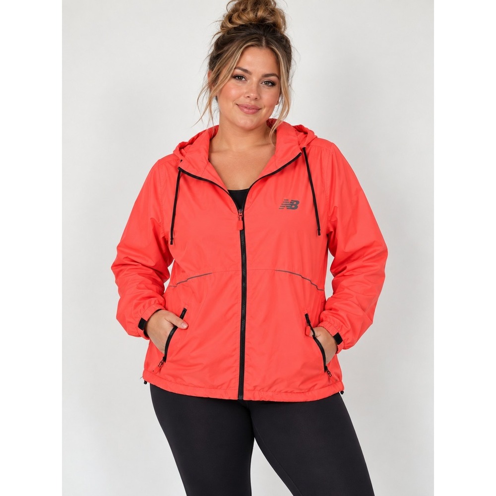 New Balance Women's Large Neon Coral Hooded Running Windbreaker Jacket Mesh